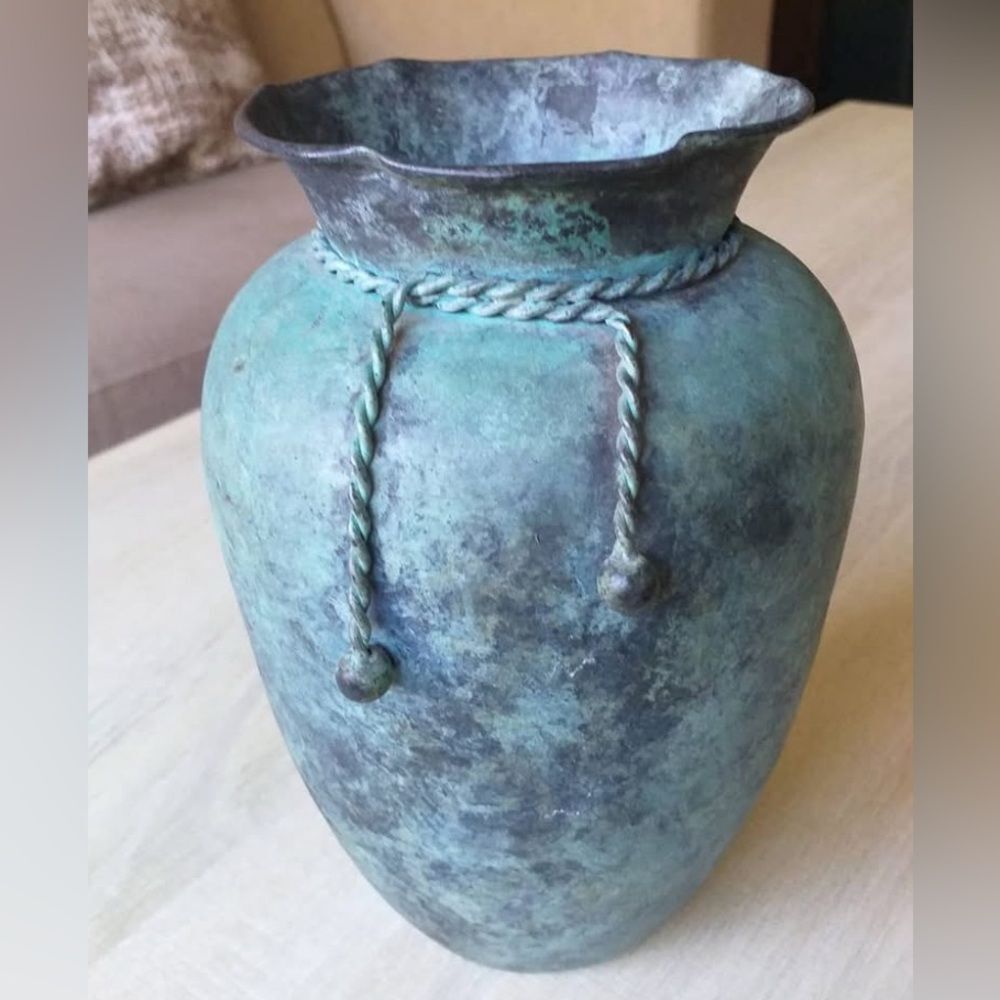 Vintage Handmade Rustic Blue Green Vase with Rope Detail